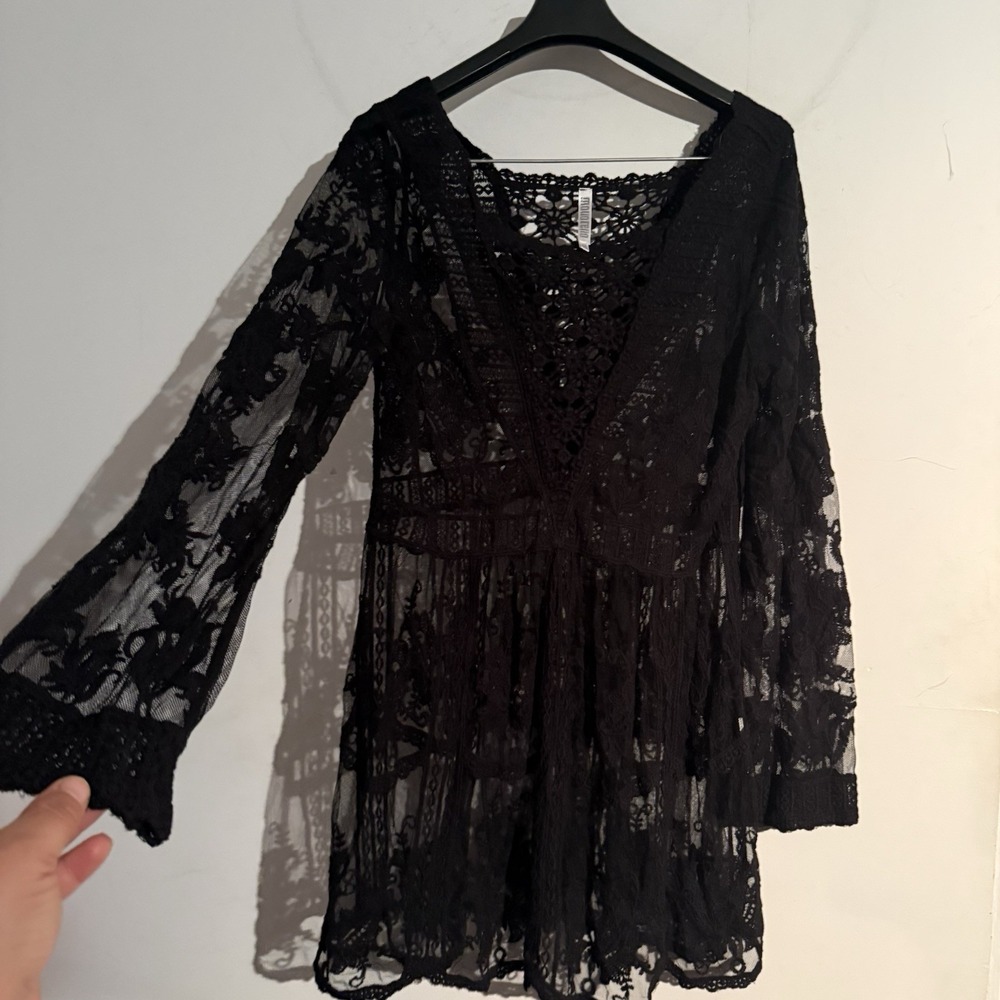 Y2K Whimsigoth Black Lace Tunic Mini Dress Sheer Festival Boho Bell Sleeve M